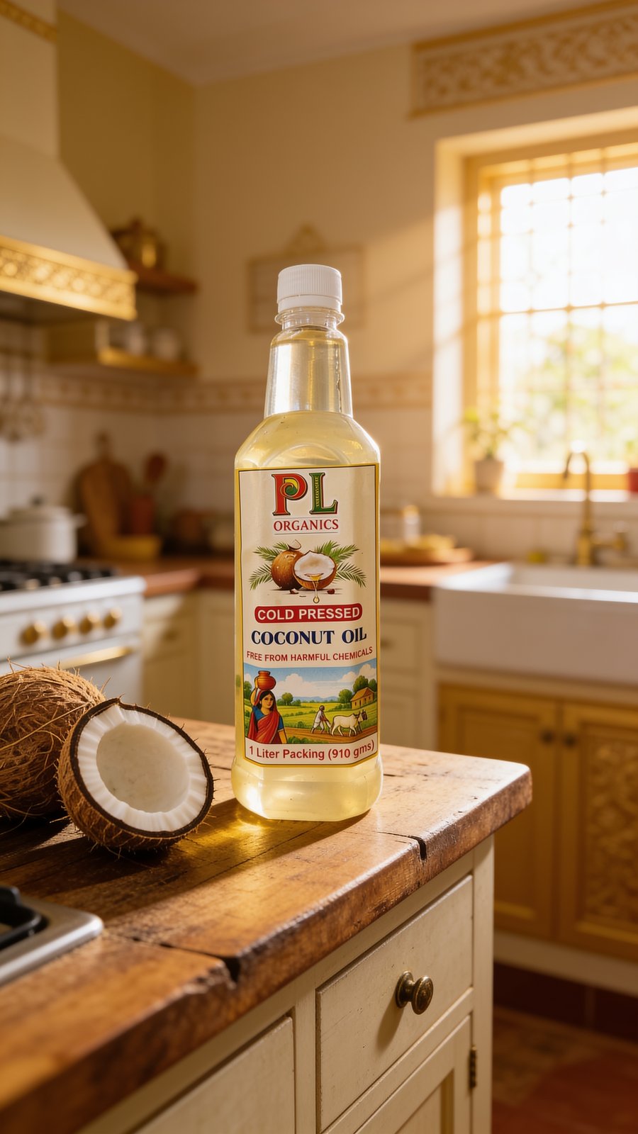 PL Organics Coconut Oil on a warm Indian kitchen counter
