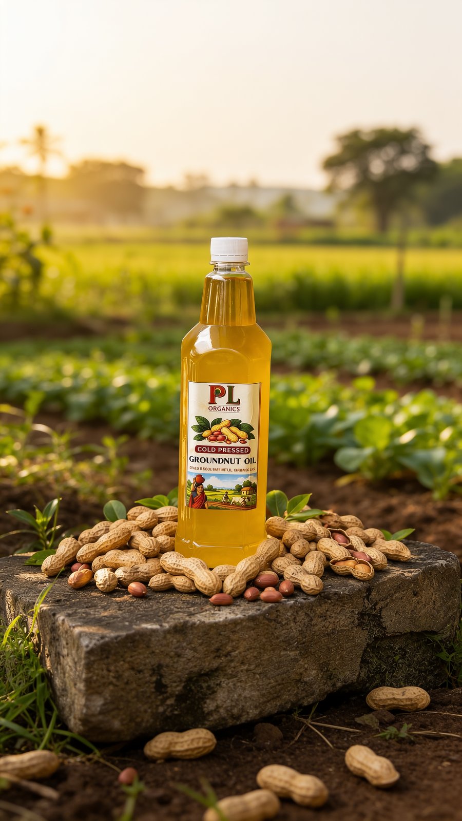 PL Organics Groundnut Oil in a village field at sunset