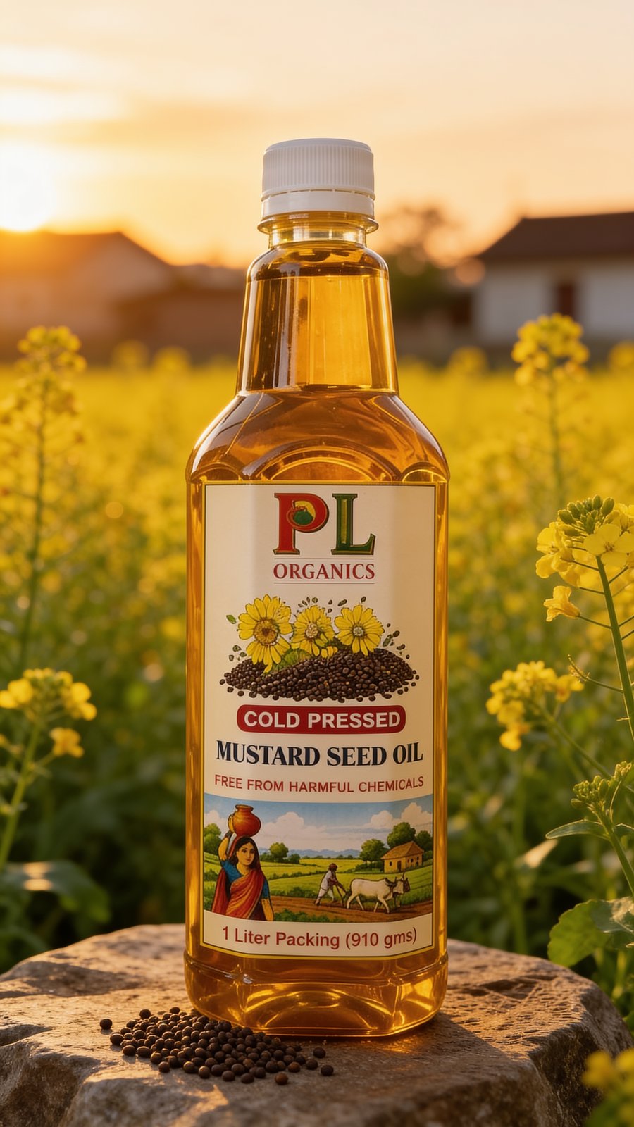 PL Organics Mustard Oil beside a mustard field