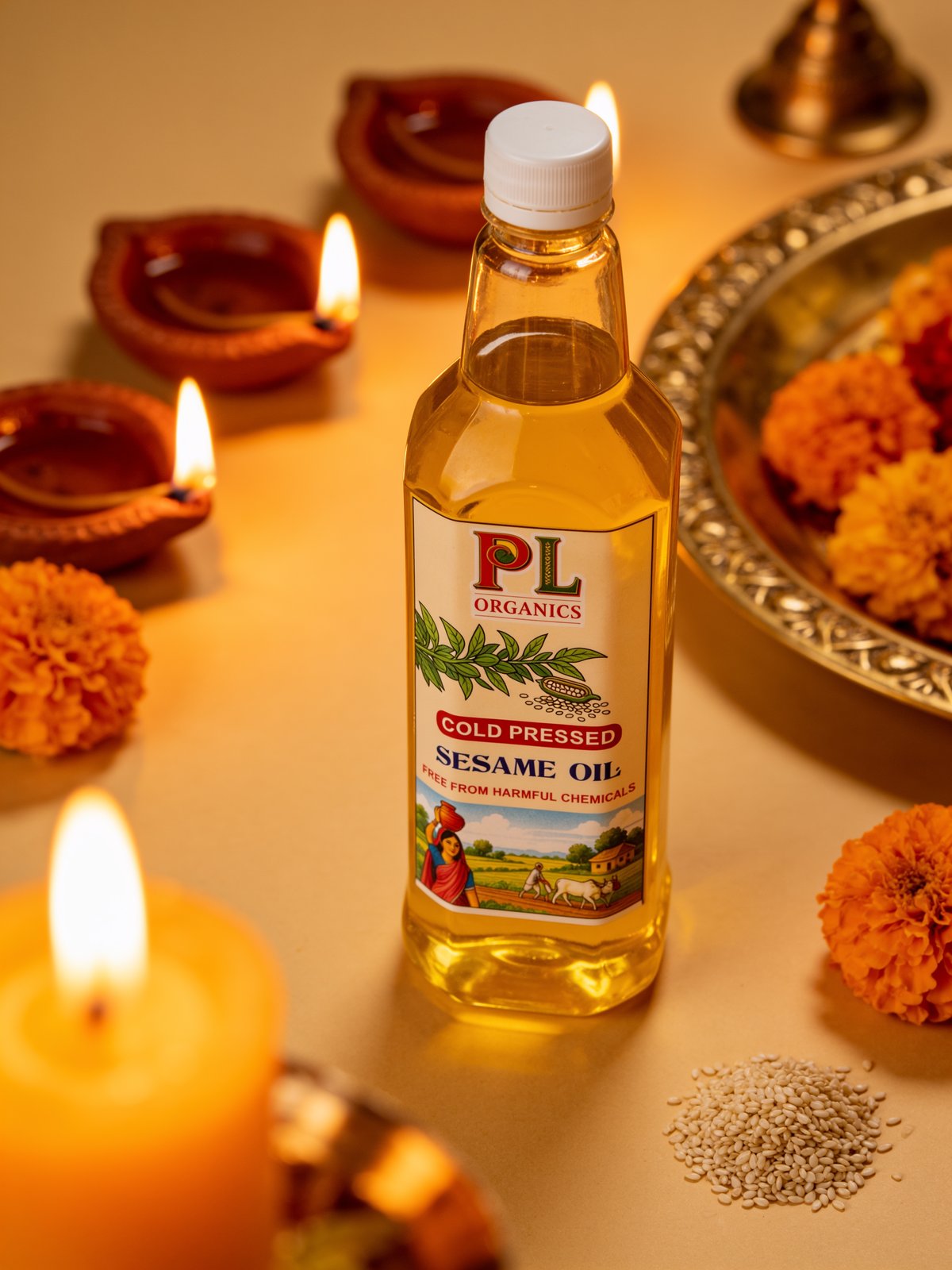 PL Organics White Sesame Oil styled for a festival