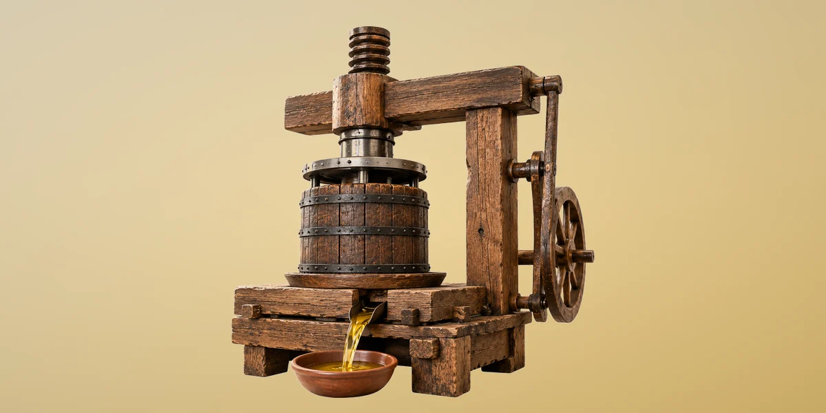 Traditional wooden ghani press with oil pouring into a bowl