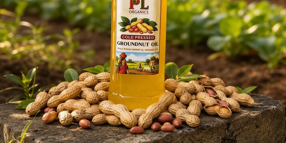 Freshly harvested groundnuts beside PL Organics oil in a Nalgonda field