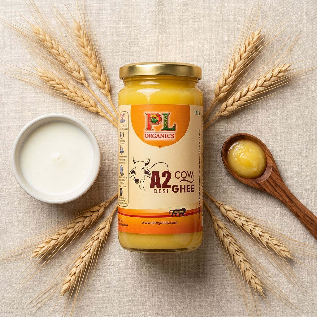 A2 Desi Cow Ghee jar with wheat, milk and a spoon of golden ghee