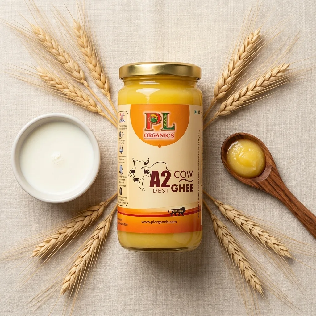 A2 Desi Cow Ghee jar with wheat, milk and a spoon of golden ghee